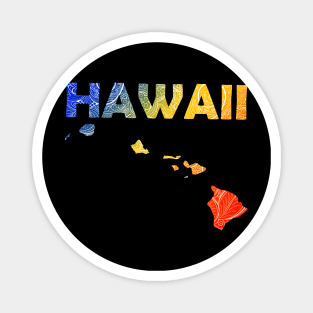Colorful mandala art map of Hawaii with text in blue, yellow, and red Magnet